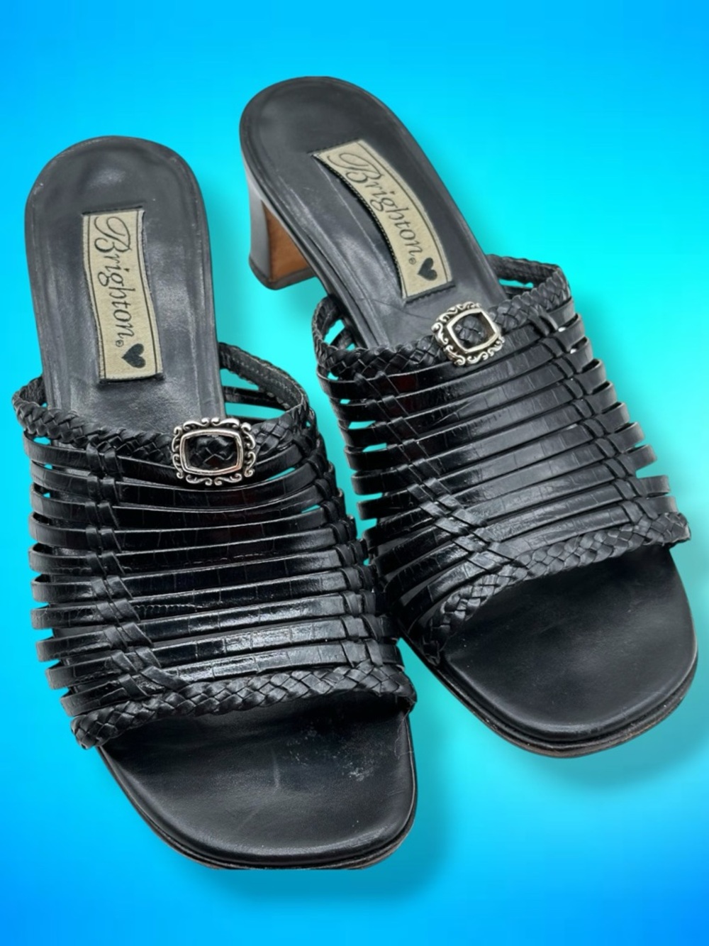 Brighton Freddi Strappy Mule Braided Trim Croc Leather Open Toe Heeled Sandals
